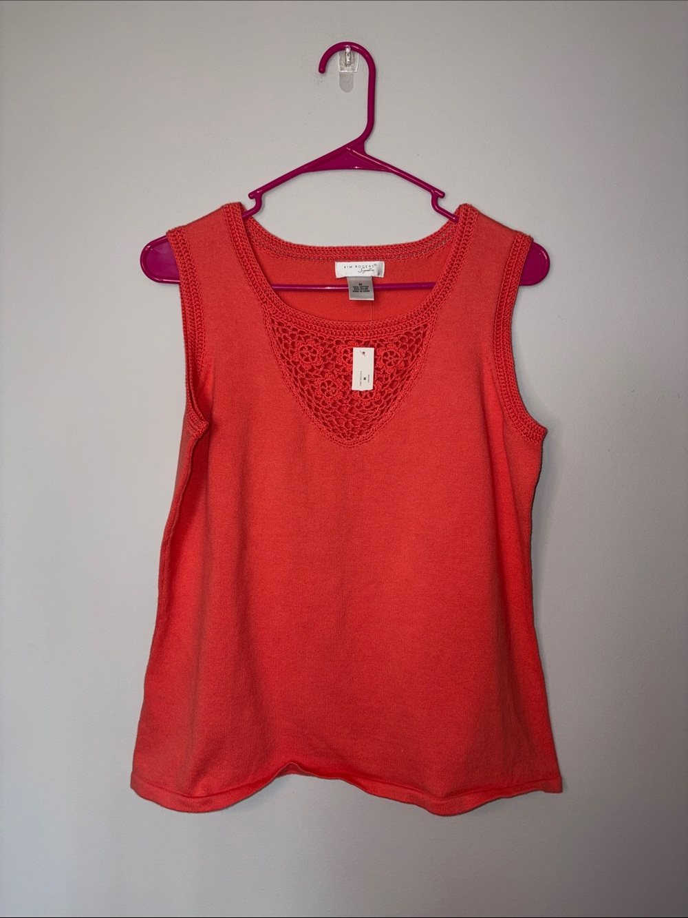 Kim Rogers Coral Crochet-Trim Sleeveless Knit Tank Medium